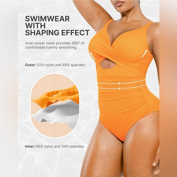 SHAPELLX Tummy Control Swimsuit Women V Neck One Piece Ruched Built-in Bra - Picture 4 of 10